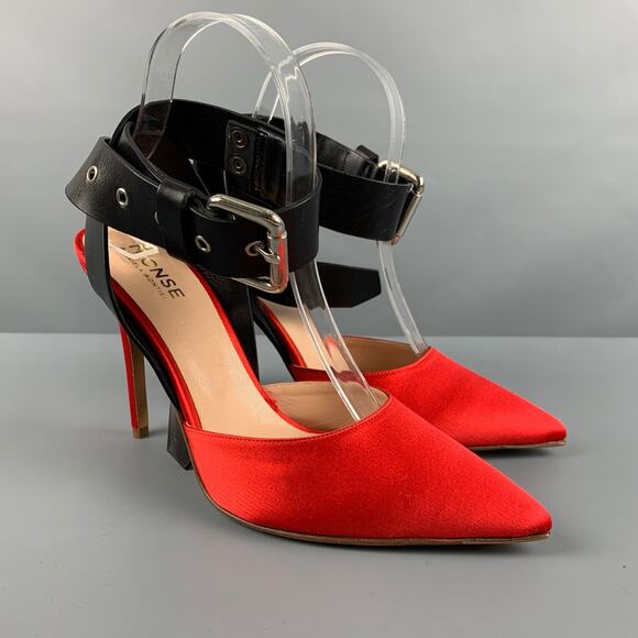 MONSE MARIELA MONTIEL Size 8 Red Black Silk Solid Leather Trim Belted Pumps - Picture 1 of 8